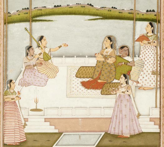 Miniature indienne : Princesse et musiciennes sur une terrasse au clair de lune