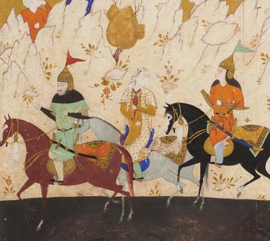 Détail miniature : Kay Khosrow, Farangis et Giv traversant le fleuve Oxus