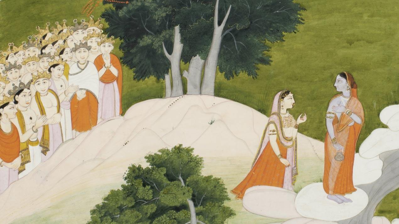 Miniature : L'apparition de Durga devant l'assemblée des dieux