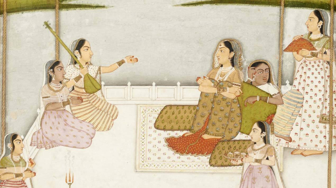 Miniature indienne représentant une princesse et des musiciennes sur une terrasse au clair de lune