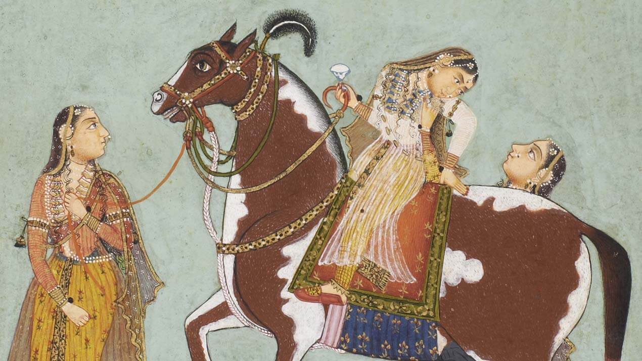 Détail miniature : Trois femmes et cheval à la robe pie
