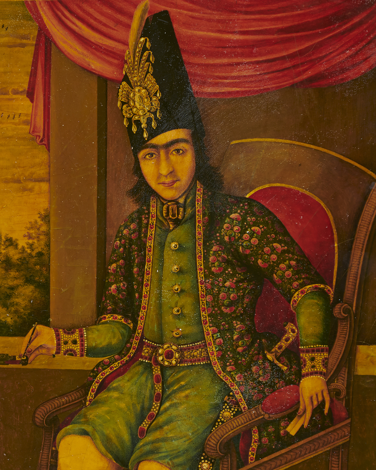 Qajar lacquer mirror case with Nasir al-Din Shah portrait